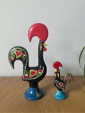 Vintage Good Luck Portuguese Rooster of Barcelos Metal Figurines Pair
